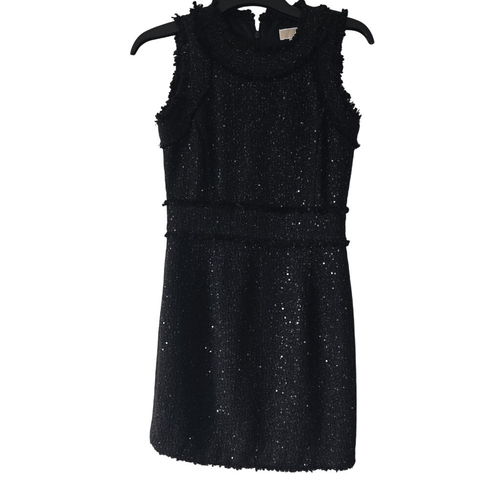 Michael‎ Kors Black Sequin Tweed Fringe Trim Sleeveless Dress 6P